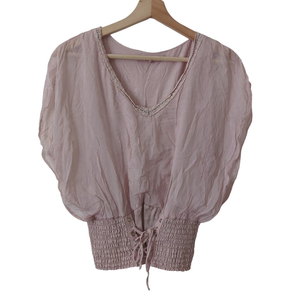 Pura Seta Made in Italy Top Womens OS 100% Silk Dusty Rose Smocked Waist Blouse‎